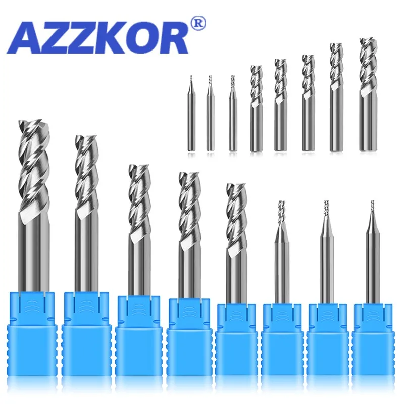 

AZZKOR For Aluminum Endmills HRC50 3-Flute1.0mm-12.0mm 11-Piece-Set Tungsten Steel Milling Cutter CNC Machining End Mill Tools