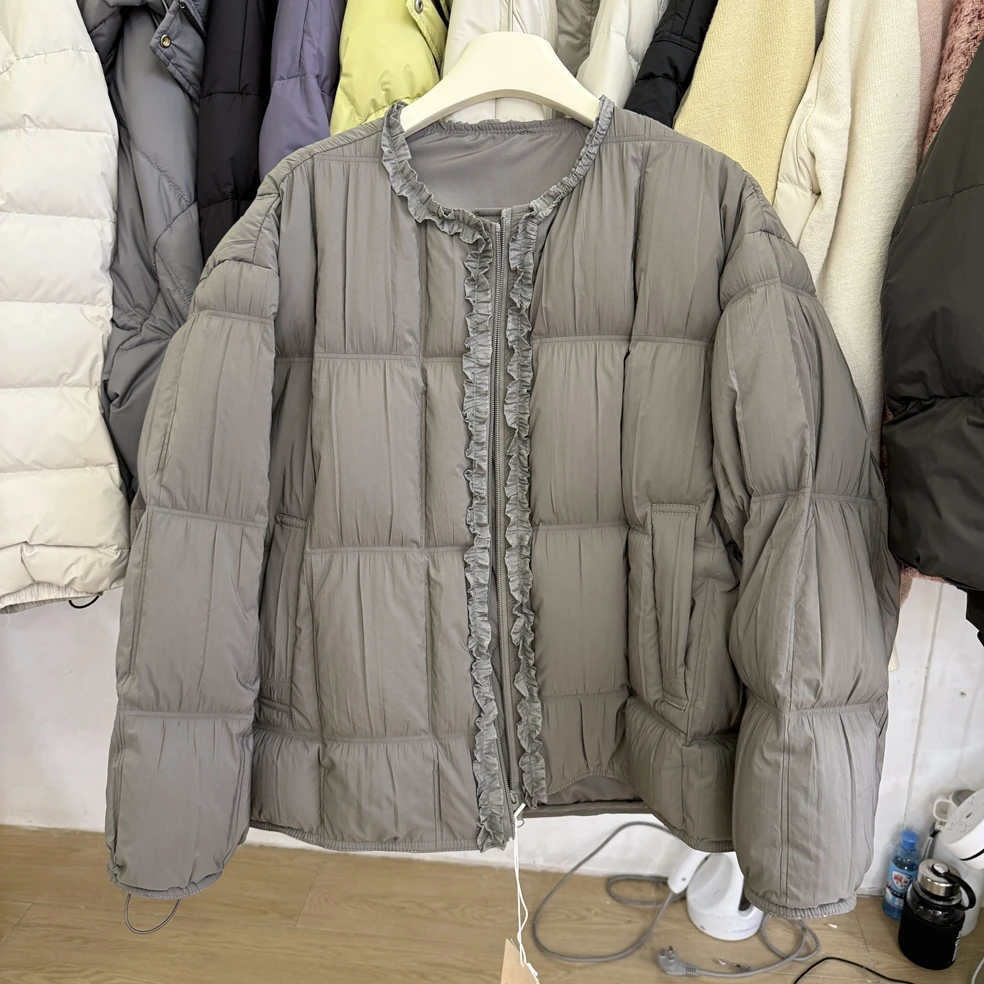 Women's Sweet O Neck Longs Leeve Loose White Duck Down Coat Lady Cute Ruffled O Neck Zip Up Thick Warm Down Outwear Top