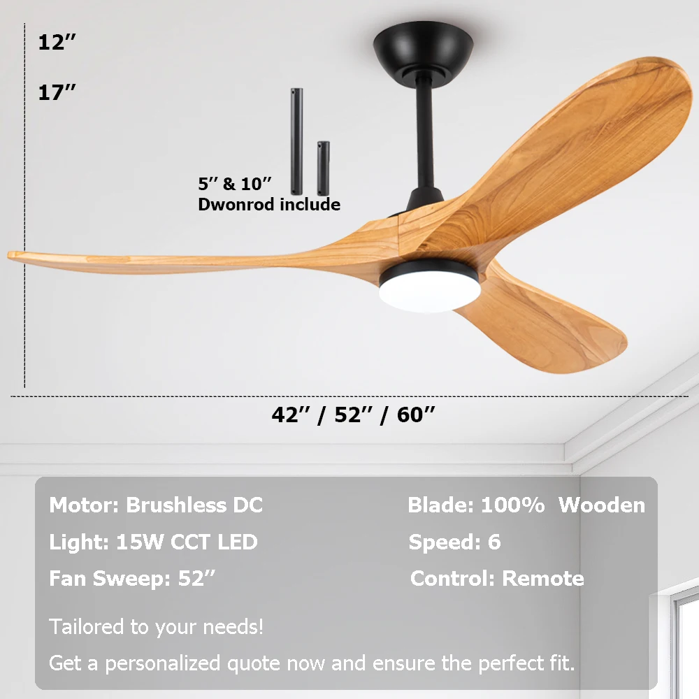 Wooden Ceiling Fan With Light Wood Blades And Integrated LED Light - Quiet, Energy Efficient, Sleek Design