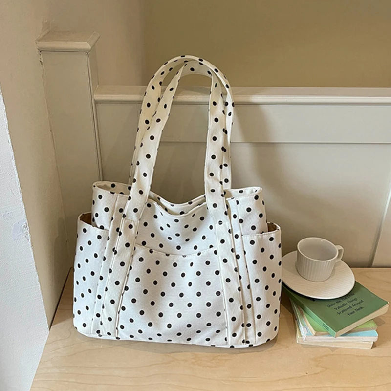 Koreanische Vintage Polka-Dot-Tragetasche für Frauen, Große Kapazität, Einzel-Schulter-Handtasche, Lässige Alltags-, Schul- und Pendler-Schultertasche – Detail 5