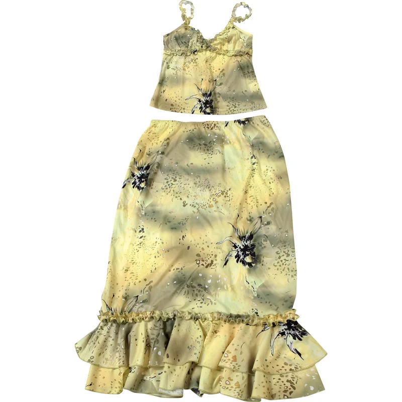 Women's Dress 2 Piece Floral Print Satin Outfit Ruffle Trim Cami Top Midi Skirt Set Y2K Vintage Bodycon Dress for Vacation Party view 4