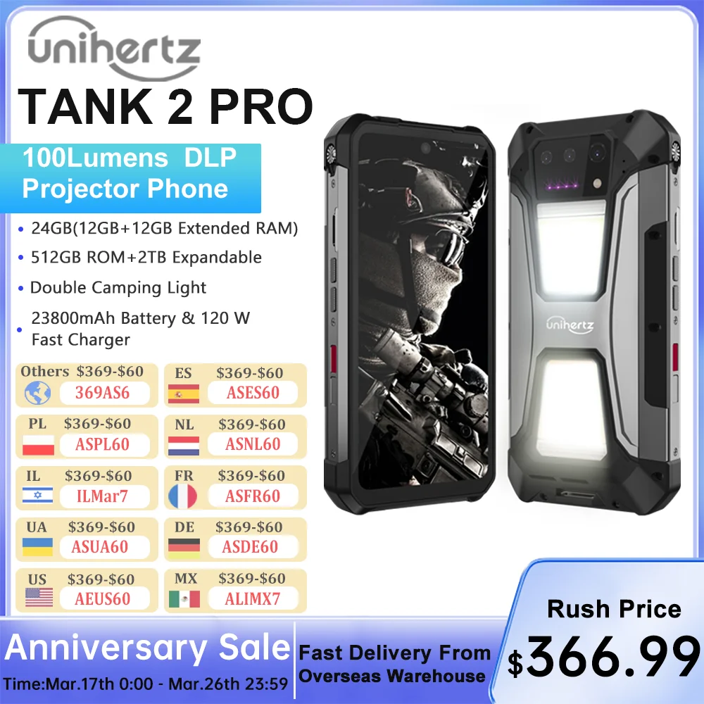 Unihertz tank 2 Pro 8849 rugged phone with projector 100MP 24GB 256GB Android 14 100MP NFC 120W Helio G99 23800mAh