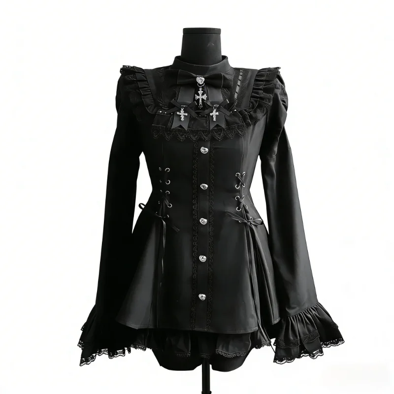 Lolita Kawaii Y2k Jurk met lange mouwen en bandjes Japanse knielange dames elegante kanten strik patchwork baljurk zoet het hele seizoen