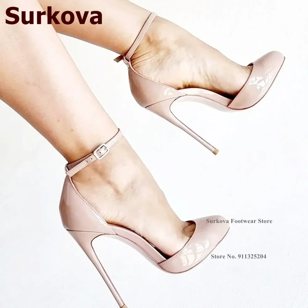 Surkova Black Mirror Leather Round Toe High Heels Ankle Buckle Strap Stiletto Gladiator Shoes Size46 Shallow Dress Pumps