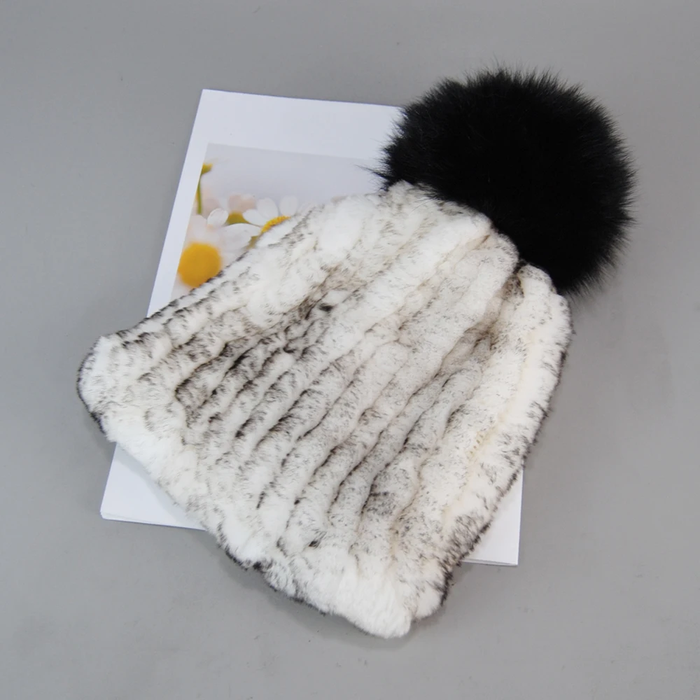 2024 Knitted Rex Rabbit Fur Beanies Hats Women Real Rex Rabbit Fur Hat Quality 100% Real Genuine Rex Rabbit Fur Fox Fur Ball Cap