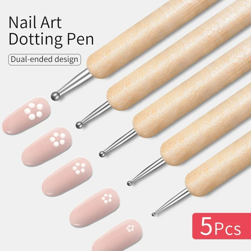 5 Stuks Dubbele Einde Nail Art Borstel 2 Manieren Uv Gel Liner Puntjes Bloemtekening Schilderij Pen Diy Manicure Ontwerpen Gereedschapsset