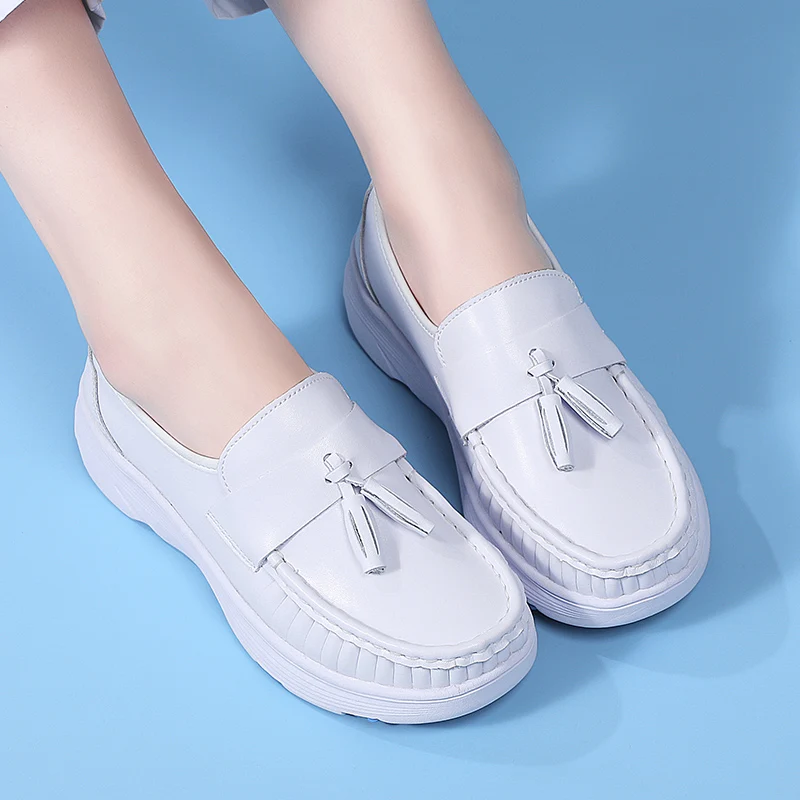 Women's Nurse Work Shoes Tassel Loafers Platform Wedge Non-slip Comfortable Breathable Thick Sole Casual White Shoes 34-42