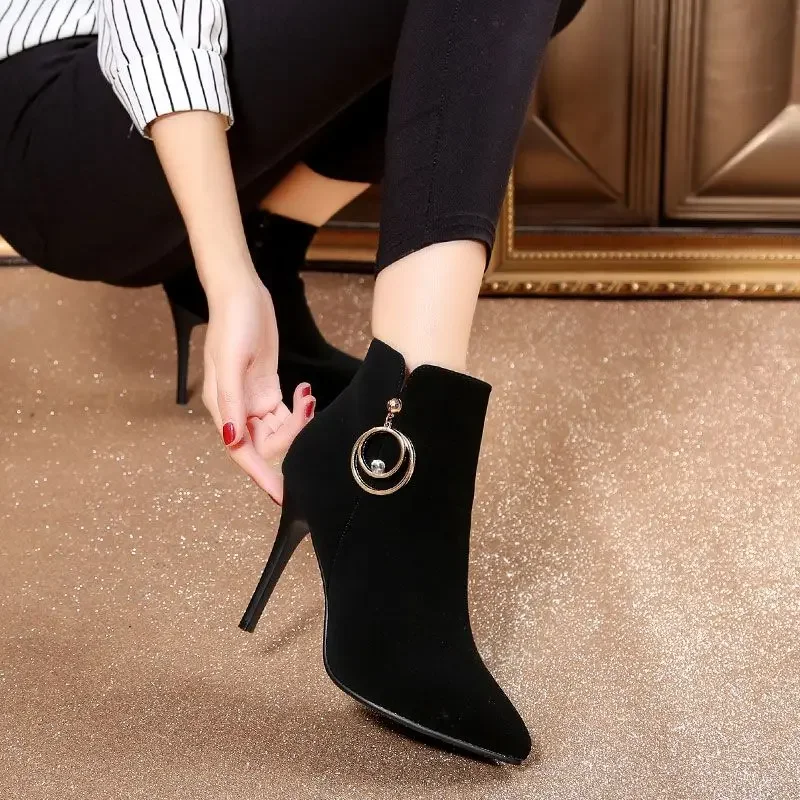 Booties Suede Pointed Toe Short Shoes for Women Heeled Footwear Rhinestone Female Ankle Boots Very High Heels Spring 2024 Trend