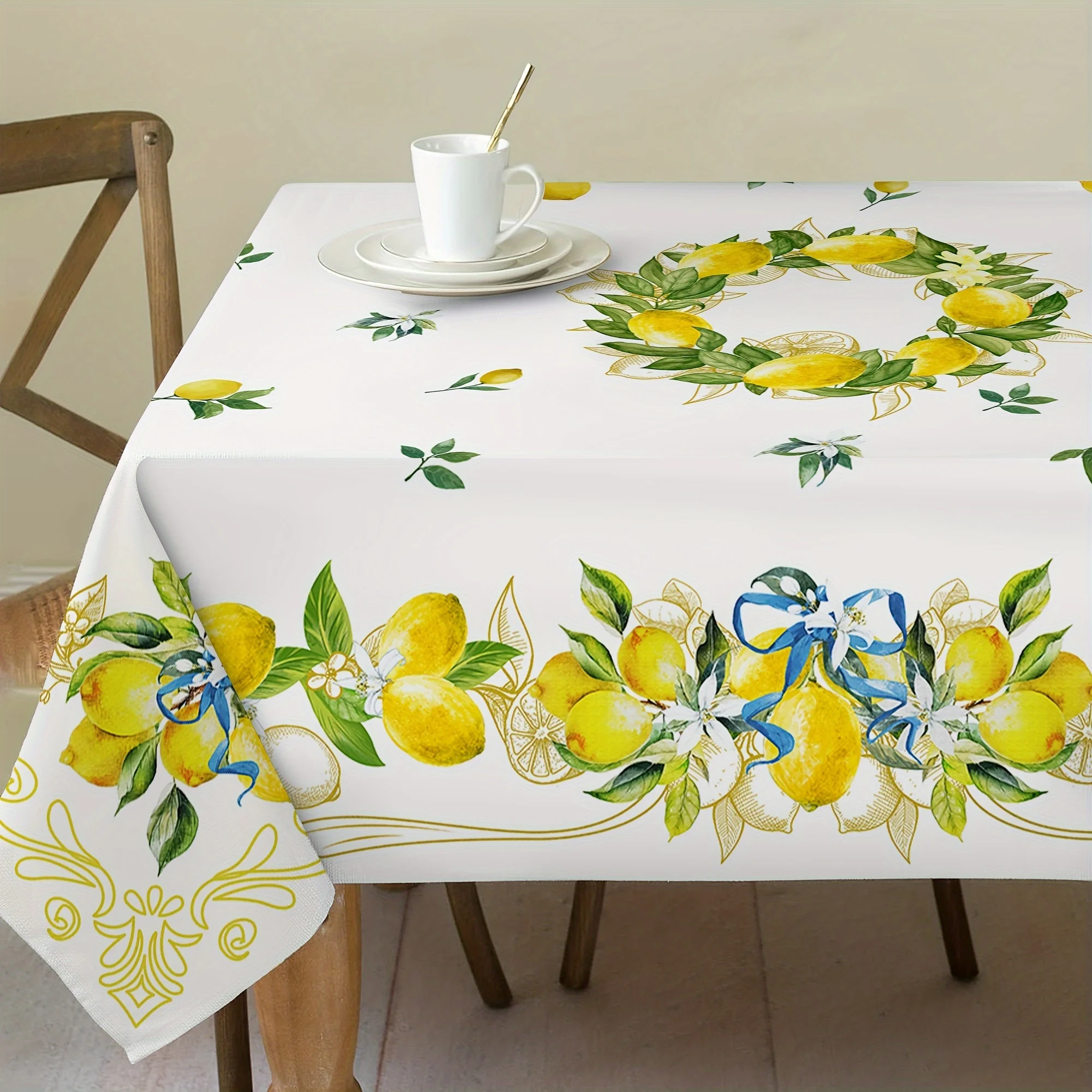 Floral Lemon Print Polyester Tablecloth - Rectangular Woven Design for Kitchen & Dining Room Decoration Table Cover