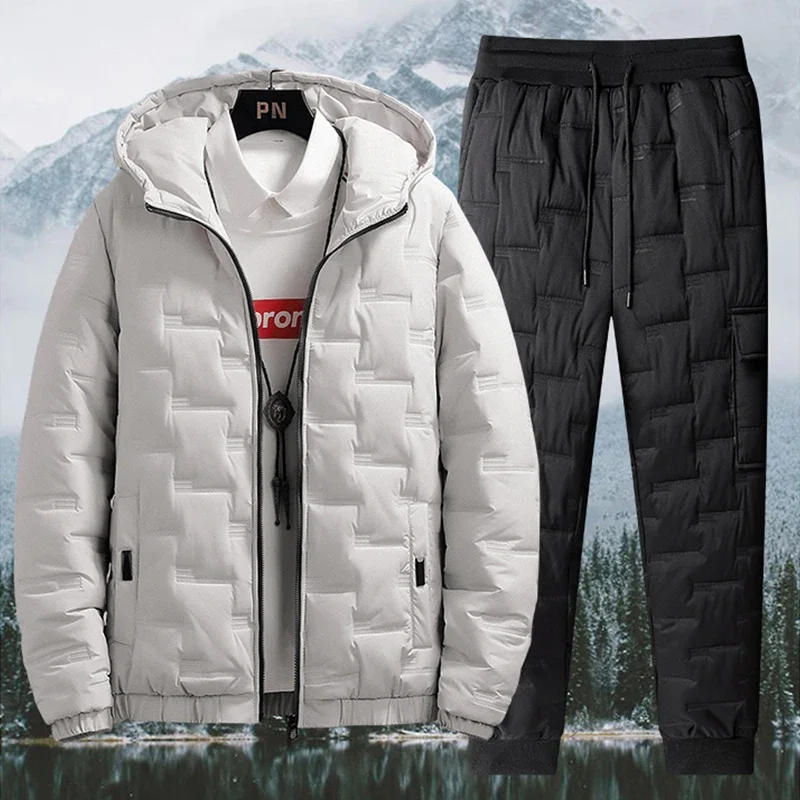 Parka gruesa y cálida para hombre, trajes deportivos coreanos, chándal acolchado de algodón, abrigo Parka + Pantalones, conjunto de dos piezas para