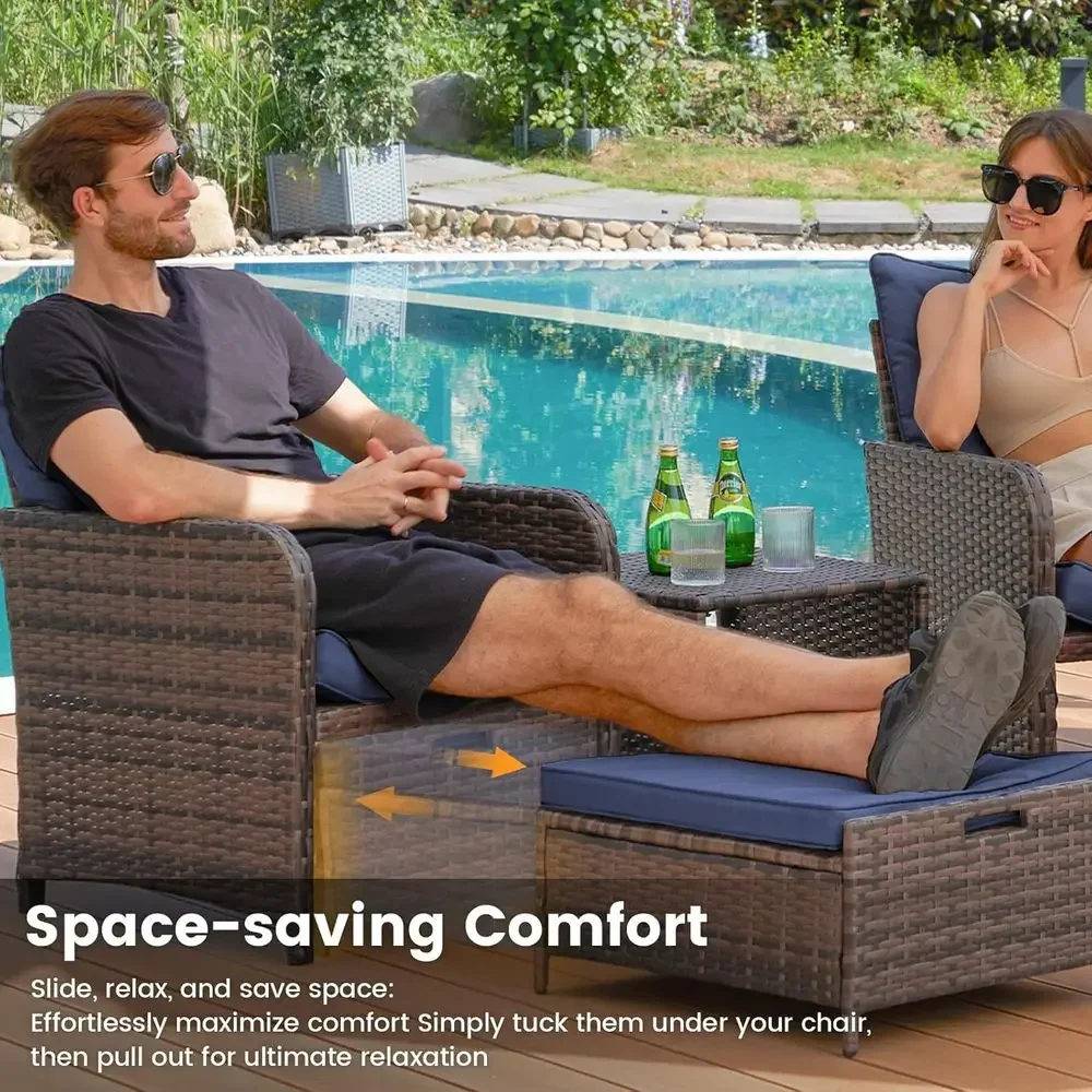 5-Piece Patio Furniture Set with Blue Cushions and Hidden Ottoman