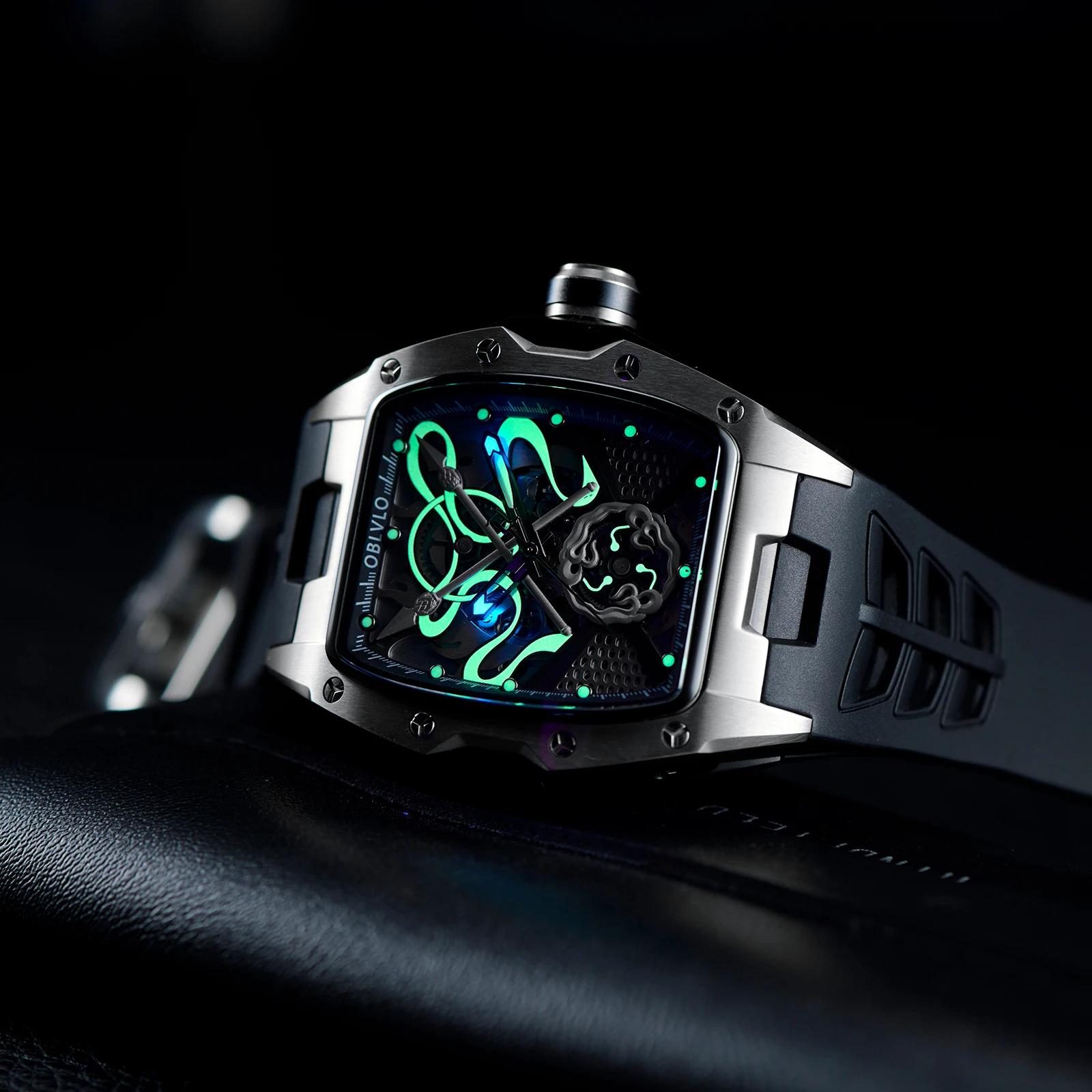 

Мужские роскошные часы OBLVLO: дизайнерские, модные, с суперлюминесцентным циферблатом, резиновым ремешком, автоматические, модель ZM