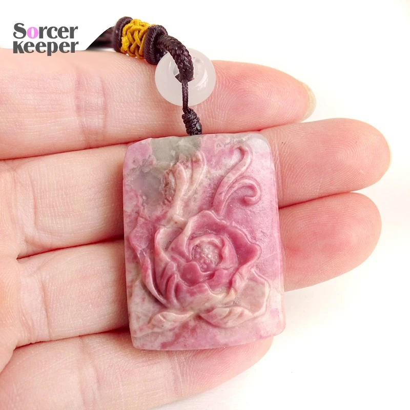 Carved Flower Real Natural Rhodonite Jasper Stone Lucky Amulet Pendant Beads Necklace For Women Men Fashion Charm Jewelry BO388