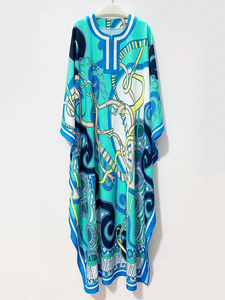 Designer Retro Geometric Position Print Bat Sleeve Dress Summer Women's Fashion Hem Slit Loose Large Size Puff Skirt