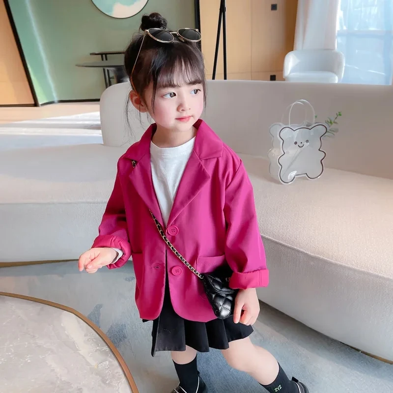 2-12 Years Girls Rose Red Blazer Toddler Children Lapel Jacket for Girls Solid Coat with Pockets Autumn Spring Girl Outerwear 8