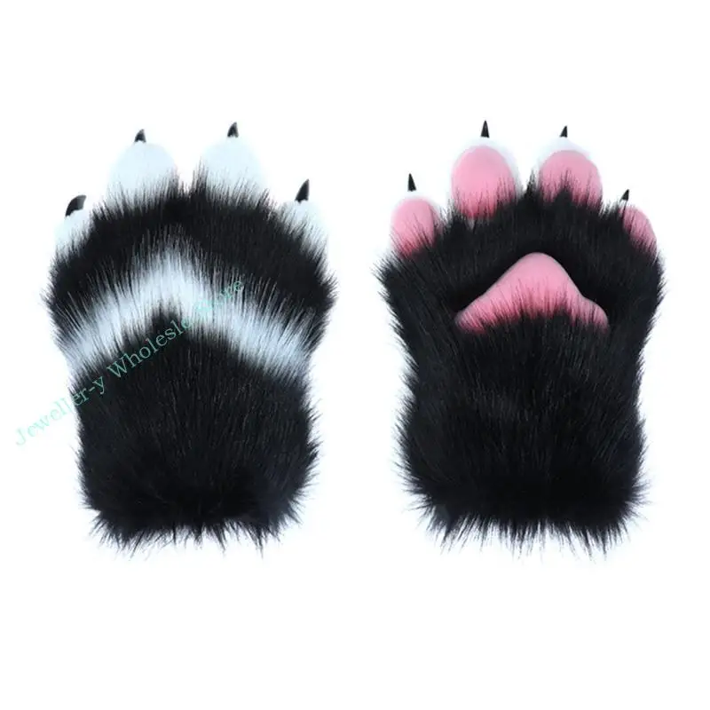 

R7UF Halloween Costume Gloves Furry Claw Paw Gloves Winter Warm Plush Gloves Animal Paw Gloves Hairy Hands Gloves