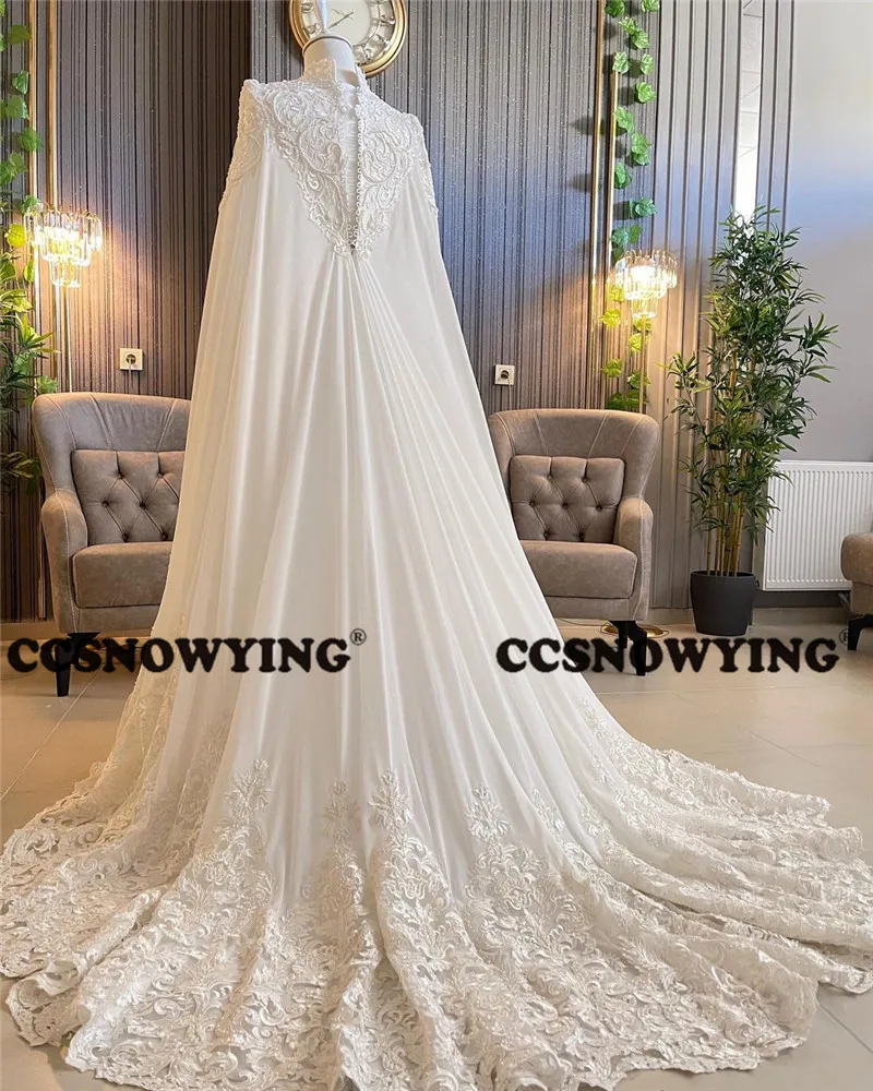 Luxury Chiffon Appliques Long Sleeve Muslim Wedding Dress with Cape Hijab Islamic Bridal Gowns High Neck Arabic Robe De Mariée