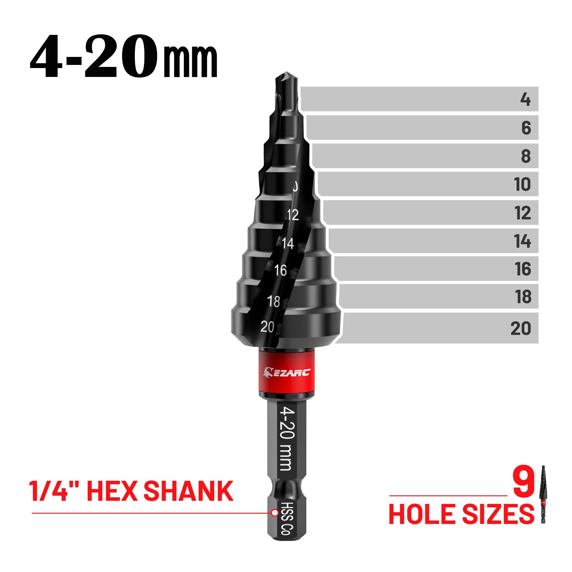 

EZARC 4-20mm HSS Step Drill Bit M35 Cobalt AlTiN Coated Step Drill for Metal, Stainless Steel, Aluminum, Plastic. 1/4" Hex Shank