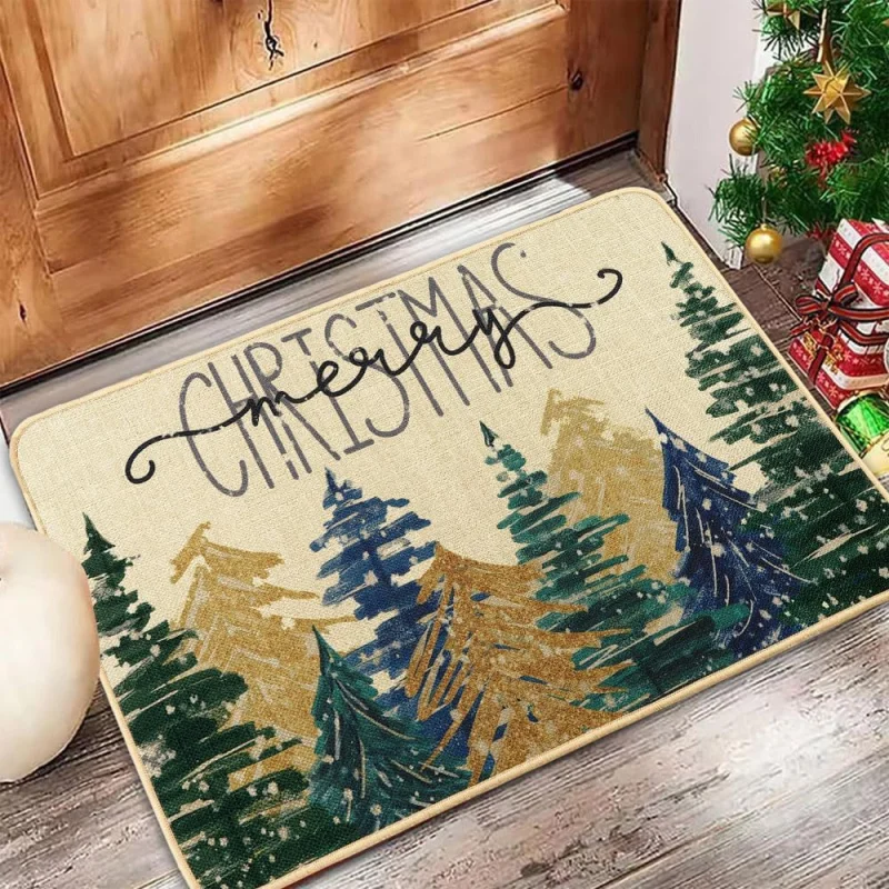 

Merry Christmas Welcome Doormat Pine Trees Outdoor Rug Non Slip Snowflake Winter Holiday Xmas Front Door Mat