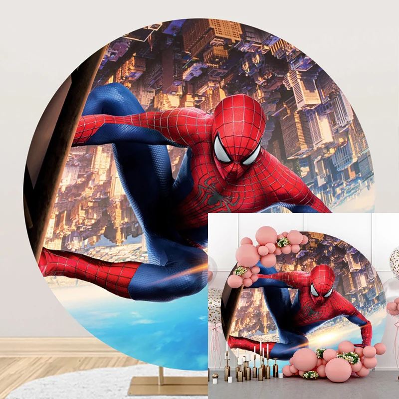 Spider Man Hero Elastic Round Backdrop And 3 Cylinder Plinth Covers Background Photography Baby Shower Birthday Party Decoration