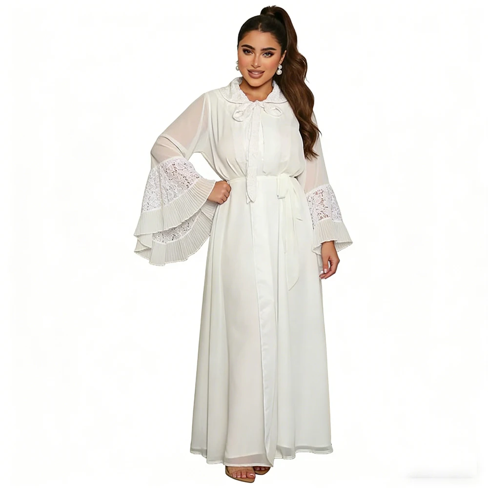 

Muslim White Evening Dresses for Elegant Women Lace Flare Sleeve Party Gown Dubai Abaya Turkey Kaftan Islamic Jalabiya Vestidos