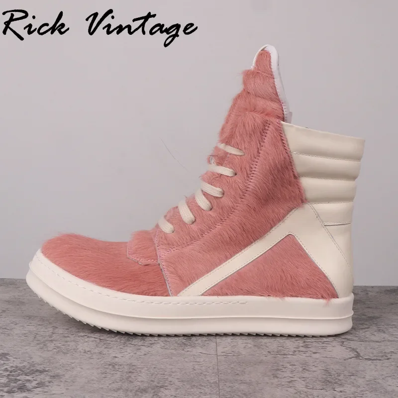 Rick Vintage High-top Horsehair Sneakers for Men Genuine Leather Lace-up Casual Women Shoes RO Trend Platform Vulcanized Shoes