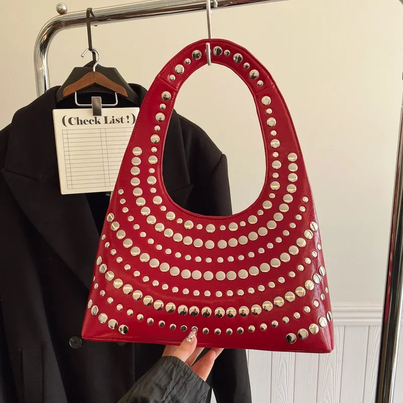 

Women's European Punk Style Rivet Handbag Large Capacity Shoulder Armpit Bag Fashionable Trendy Hand-held Bag for Ladies