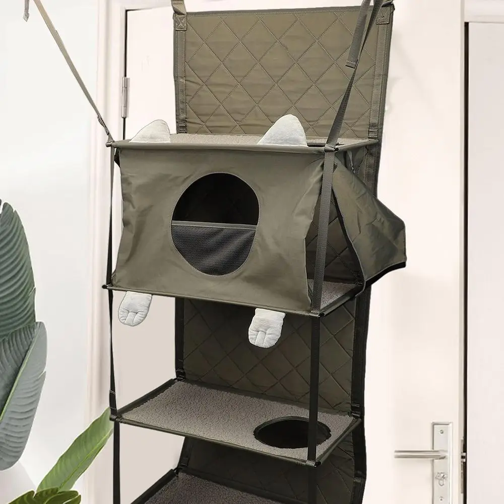 Multi-Level Door-Mounted Cat Tower with Hammock and Toys for Indoor Feline Fun