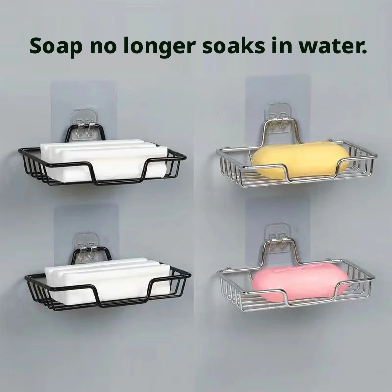 No Drill Wall Mount Soap Dish Stainless Steel Drain Soap Holder Punch-Free Adhesive Bathroom Kitchen Soap Storage Rack