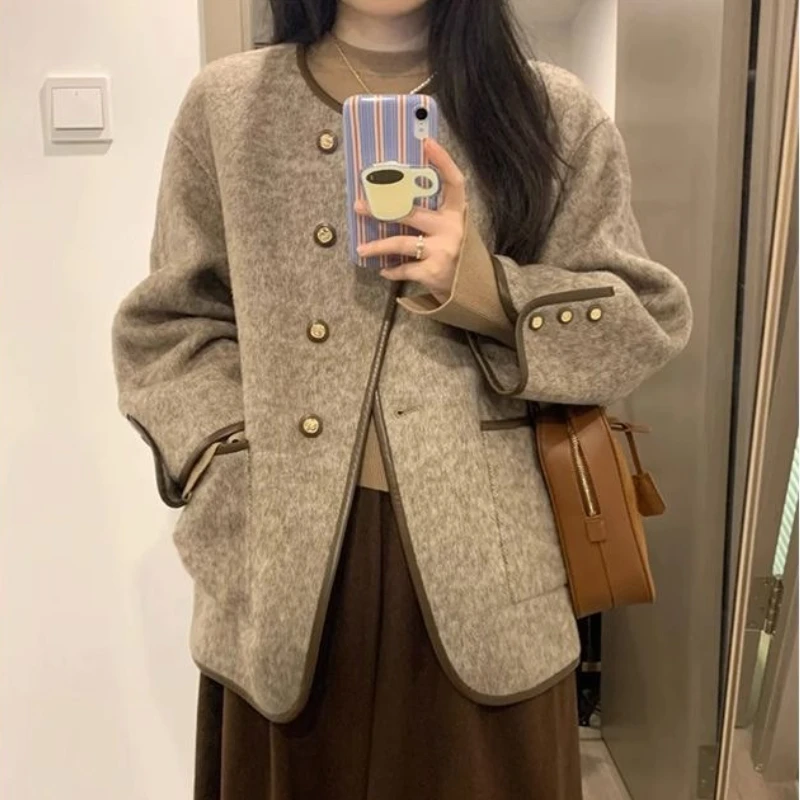 

Весенне-осенняя новая женская повседневная толстая теплая куртка, однотонная элегантная темпераментная повседневная простая верхняя куртка в стиле ретро для женщин