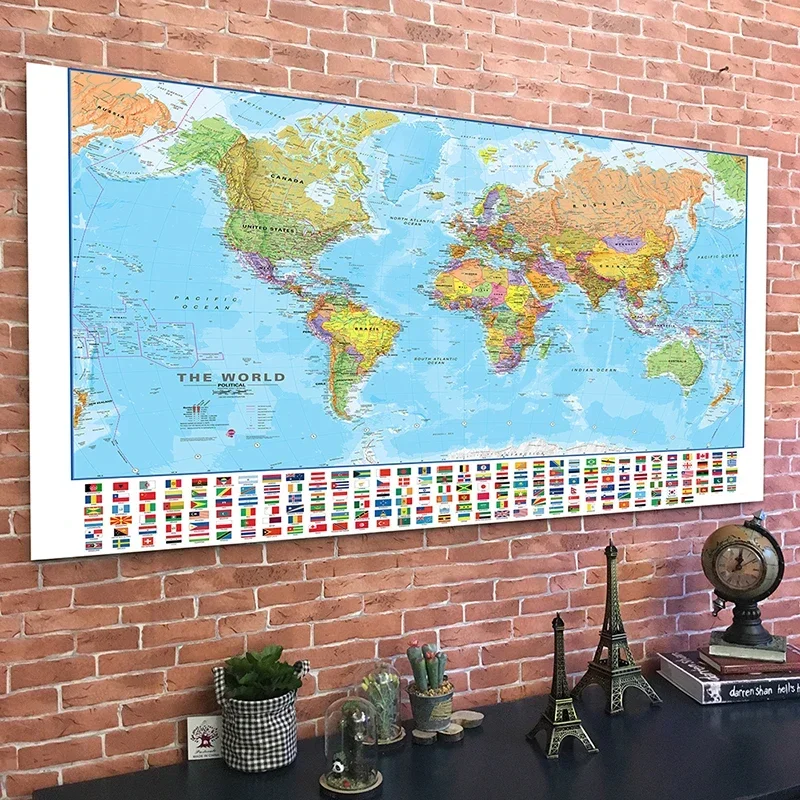 The World Map With Country Flag Painting Wall Art Poster Printed Decorative Hanging Picture Room Office School Supplies 120x80cm