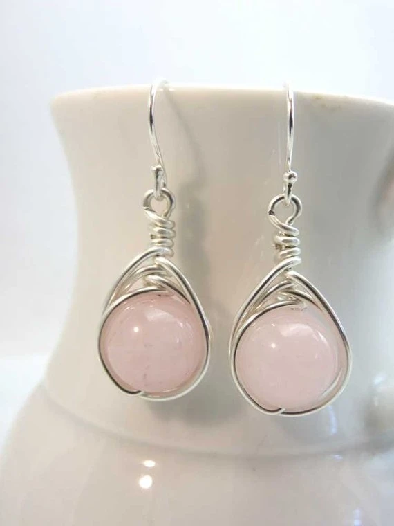 Rose quartz earrings sterling silver wire wrapped pink gemstone Valentine\'s Day Wedding Anniversary Gift