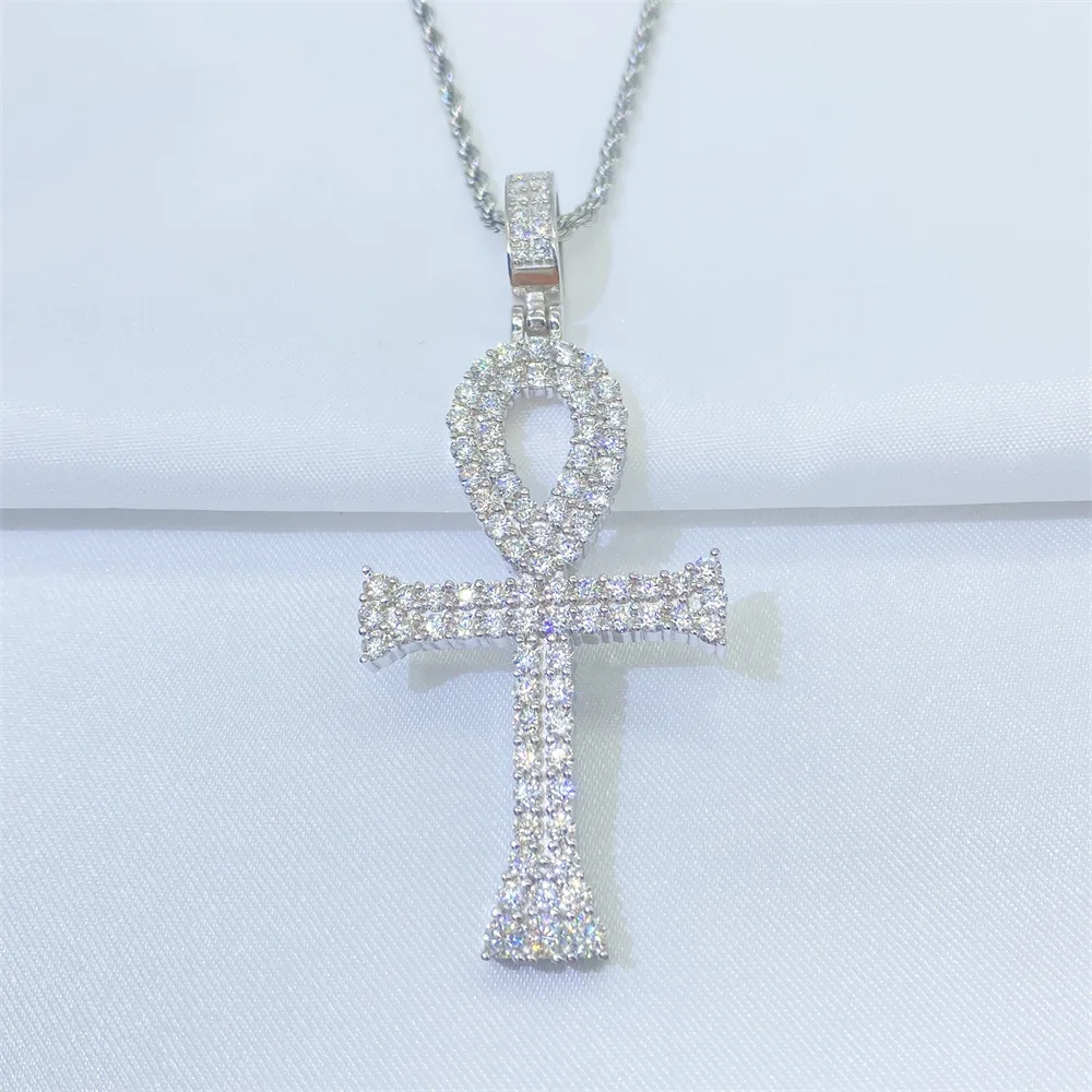 

Iced Out Moissanite Cross Pendant Women 925 Sterling Silver 2 Rows D Color Moissanite Diamond Cross Necklace Pass Tester Gift