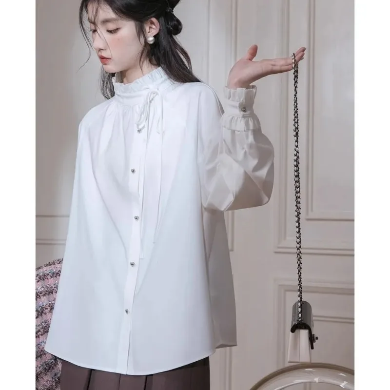 

Women's Elegant Striped Tweed Jacket Ruffle High Neck Blouse Set Loose Fit Commute Fashion Outfit