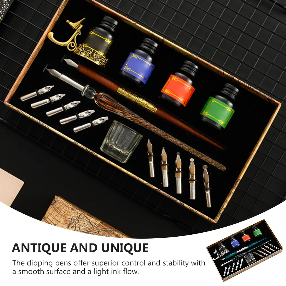 Wooden Glass Dip Pen Set Vintage Style Smooth Ink Flow Calligraphy Writing Drawing Pen Set Student Stationery Signature Kit