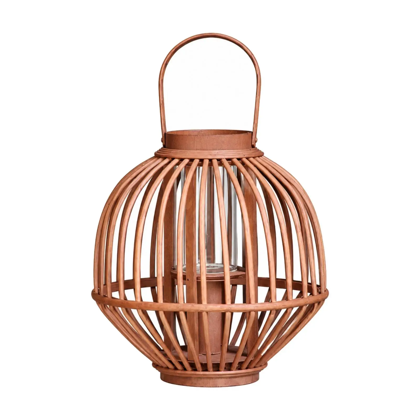 Handwoven Rattan Lantern with Walnut Finish Candle Holder for Tabletop Hanging Decor Glass Insert