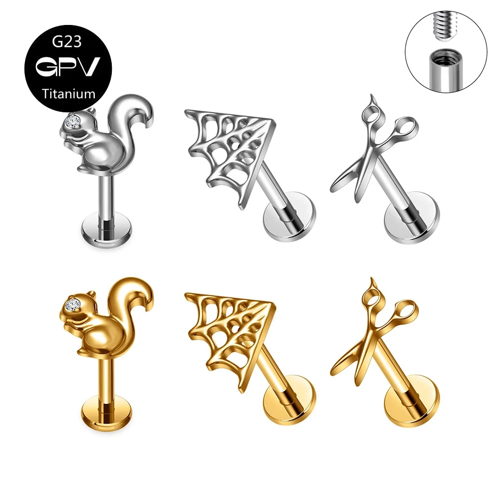 ASTM G23 Titanium Internal Thread Ear Cartilage Nail Golden Squirrel Scissors Spider Web Women's Perforated Jewelry Ear Nails