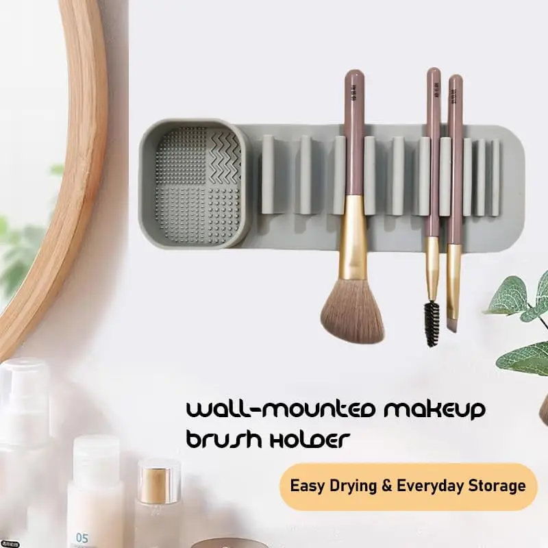 New Wall-Mounted Silicone Makeup Brush Holder, With Cleaning Pad, Strong Suction Makeup Organizer for Mirror, Smooth Surfaces