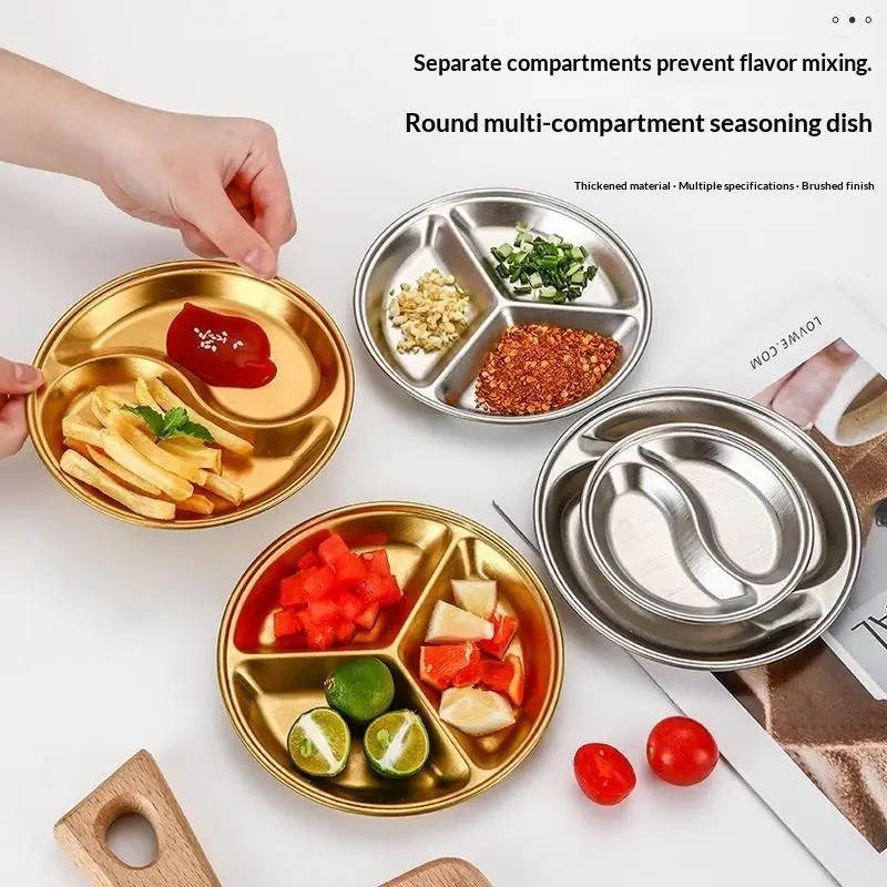 Stainless Steel Sauce Dish Food Sauce Dish Circular Divided Plate For Roast Meat Dipping Household Seasoning Snack Plate Kitchen