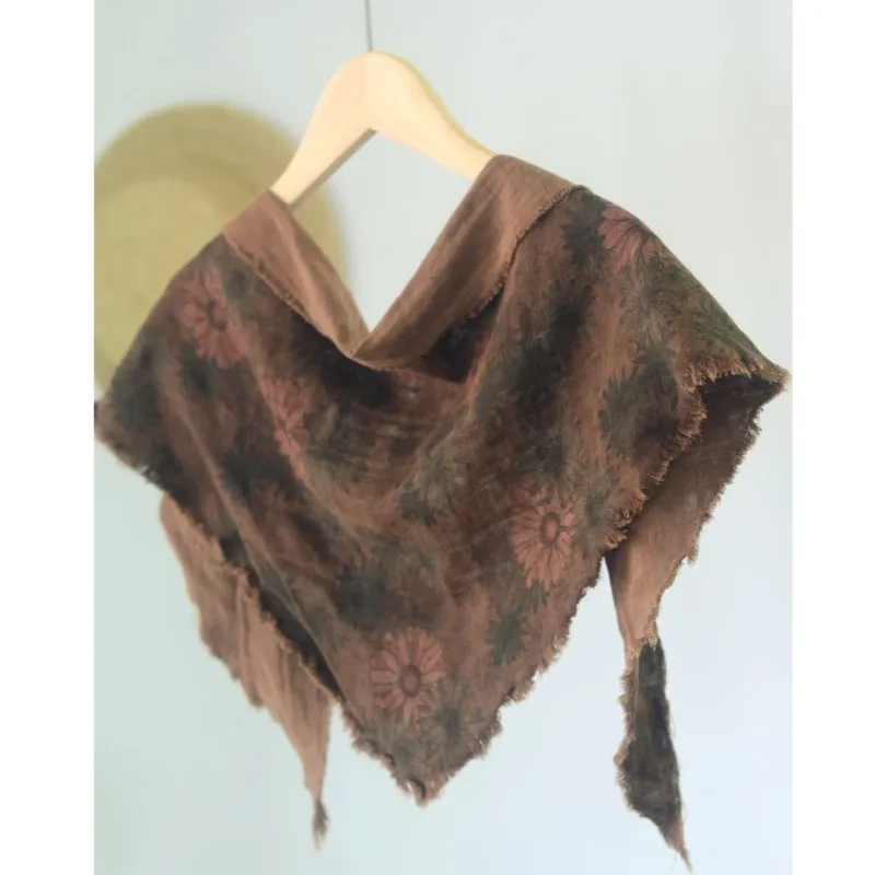 Johnature   New Vintage Flower Reversible Cotton Triangle Scarf Women Dour Seasons Versatile Decorative Bandana Scarf