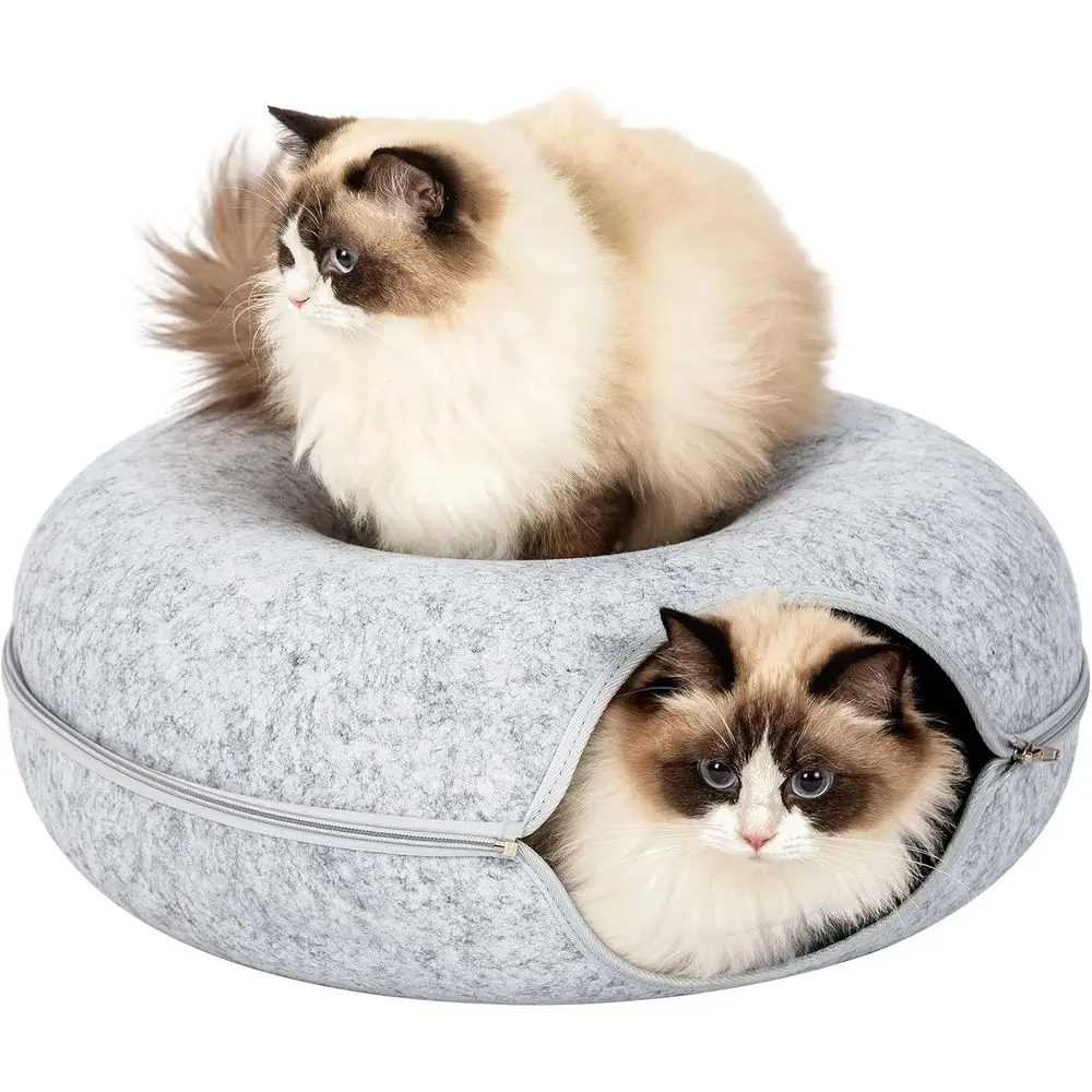 

20 Indoor Cat Cave & Donut Bed: Cozy Hideaway for Large Cats, Peekaboo Tunnel Design