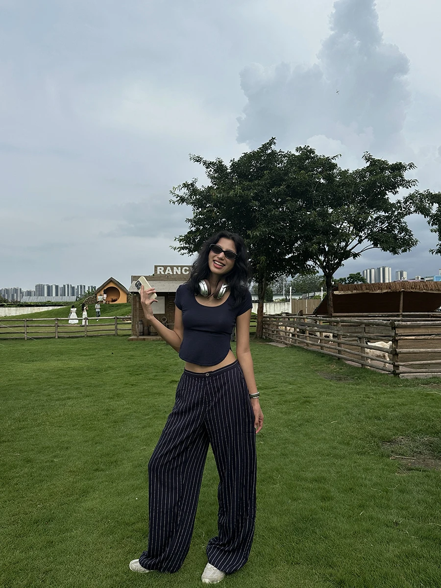 

GOGOBURN American Retro Deep Blue Striped Casual Pants Women's Summer 2025 New Drapey Straight Floor-Length Trousers