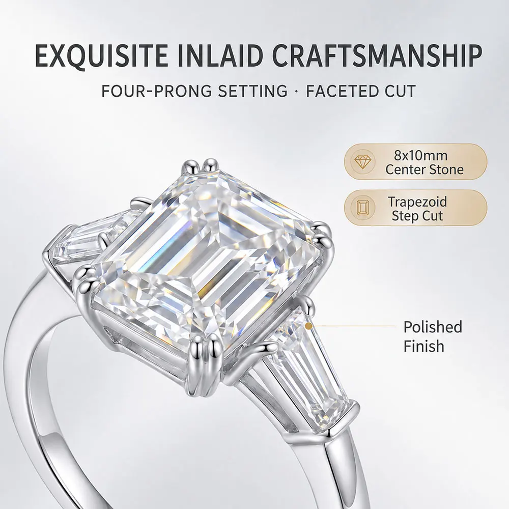 KNOBSPIN 8x10mm 4ct Emerald Cut Moissanite Engagement Ring S925 Sterling Silver Wedding Rings for Women Anniversary Jewelry Gift