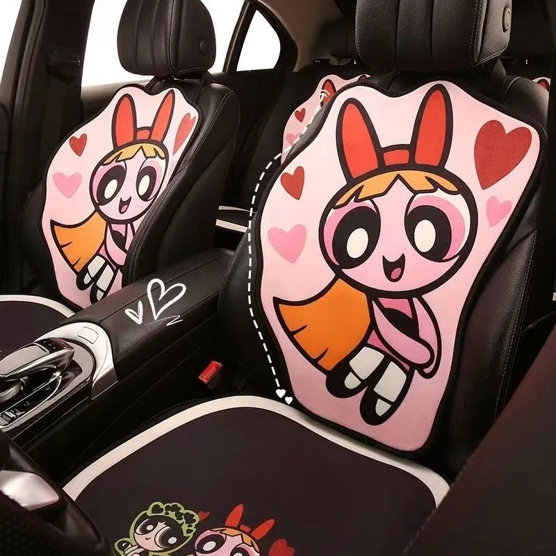 Kawaii The Powerpuff Girls Car Seat Cushion Backrest Set Kawaii Wear Resistant Anti Slip Dirt Resistant Pads Auto Accessories