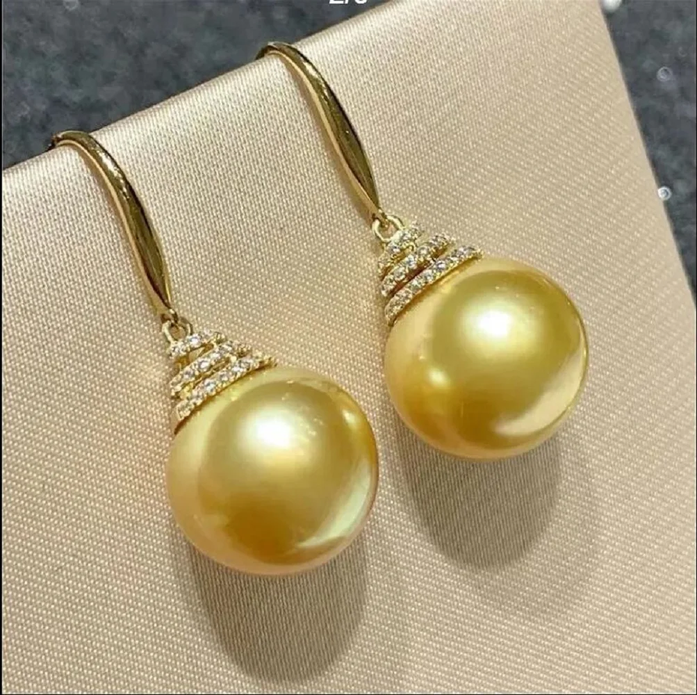 AAA+ 12-13mm Authentic s925 Silver Diamond Charm Rich Gold Sea Pearl earring set Pendant Necklace gift box