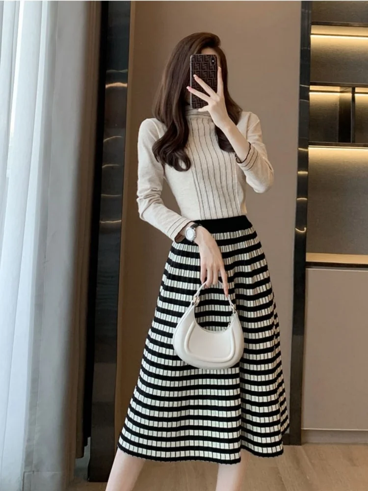 

High-End Light Luxury Thousand Bird Plaid Skirt Two-Piece Set New Autumn Winter Fashion Stand Collar Knitted Pullover Outfits