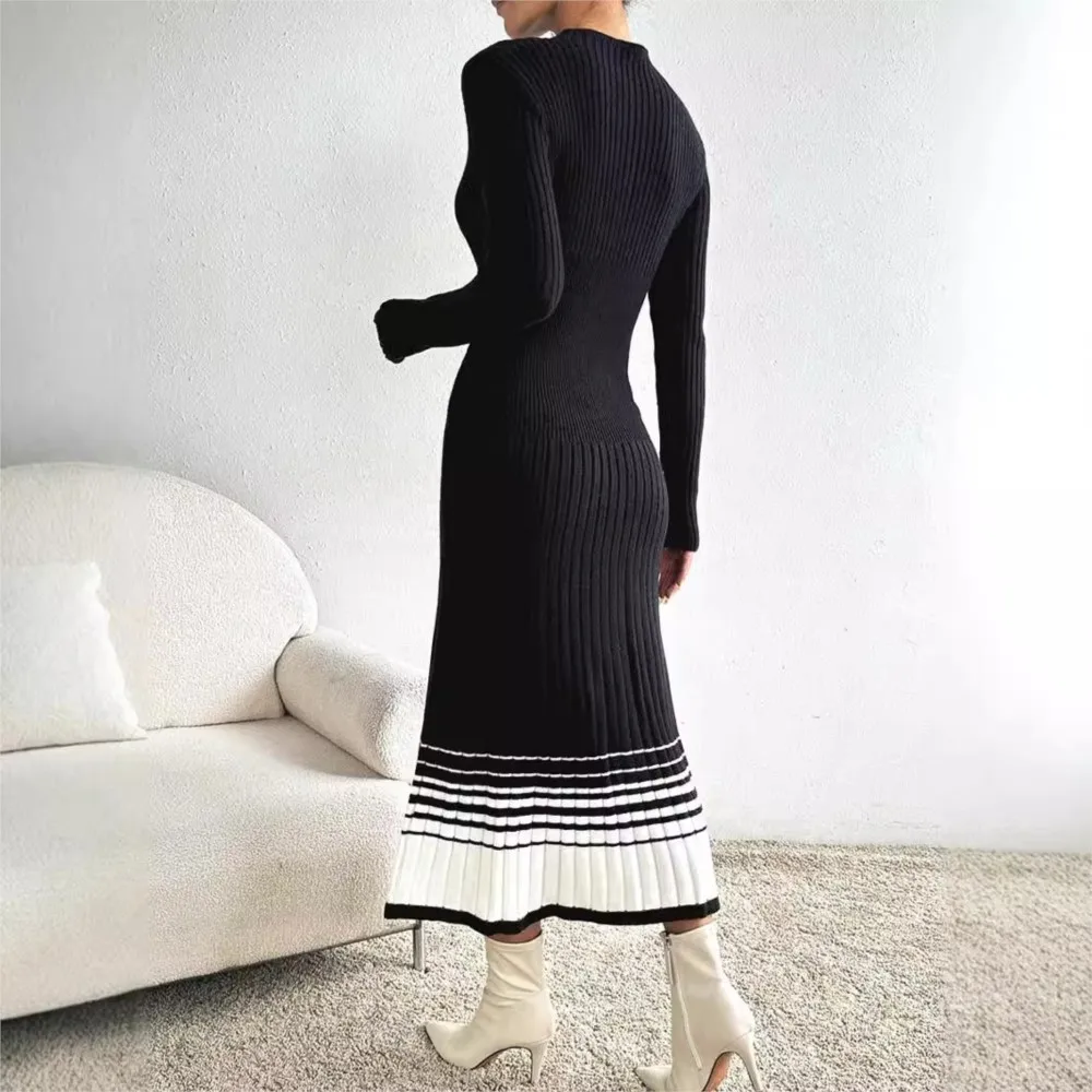 Women's Sweater Dress Black And White Striped Vestidos All-match Simple Style Comfortable Knitted Dress Fashion Contrast Trendy