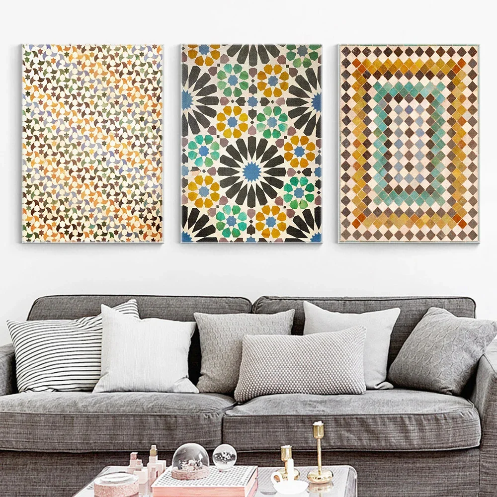Frameless Canvas PaintingAllah Muslim Islamic Canvas Calligraphy Art Geometric Painting Alhambra Tiles Decorative Posters And Pr