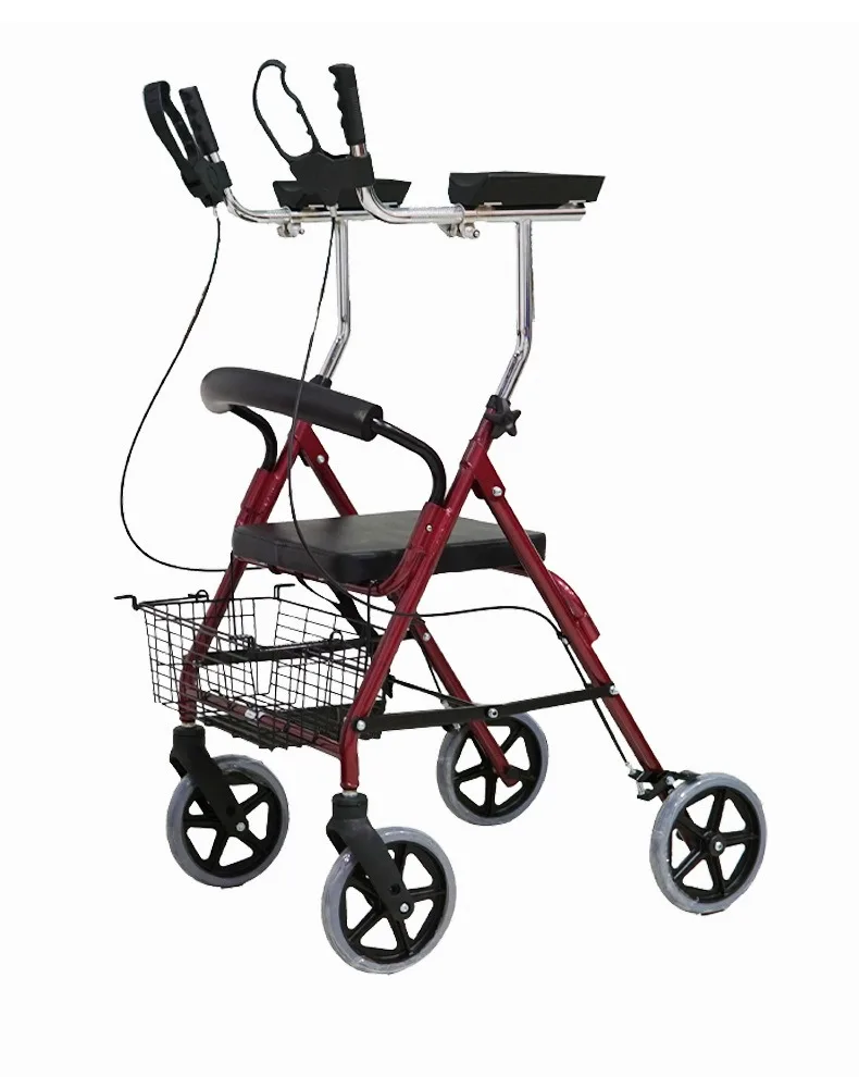 100KG Folding Walker with Seat, 4 Wheel Rollator Cart with Basket & Hand Brake, Lightweight Aluminum Mobility Aid for Shopping
