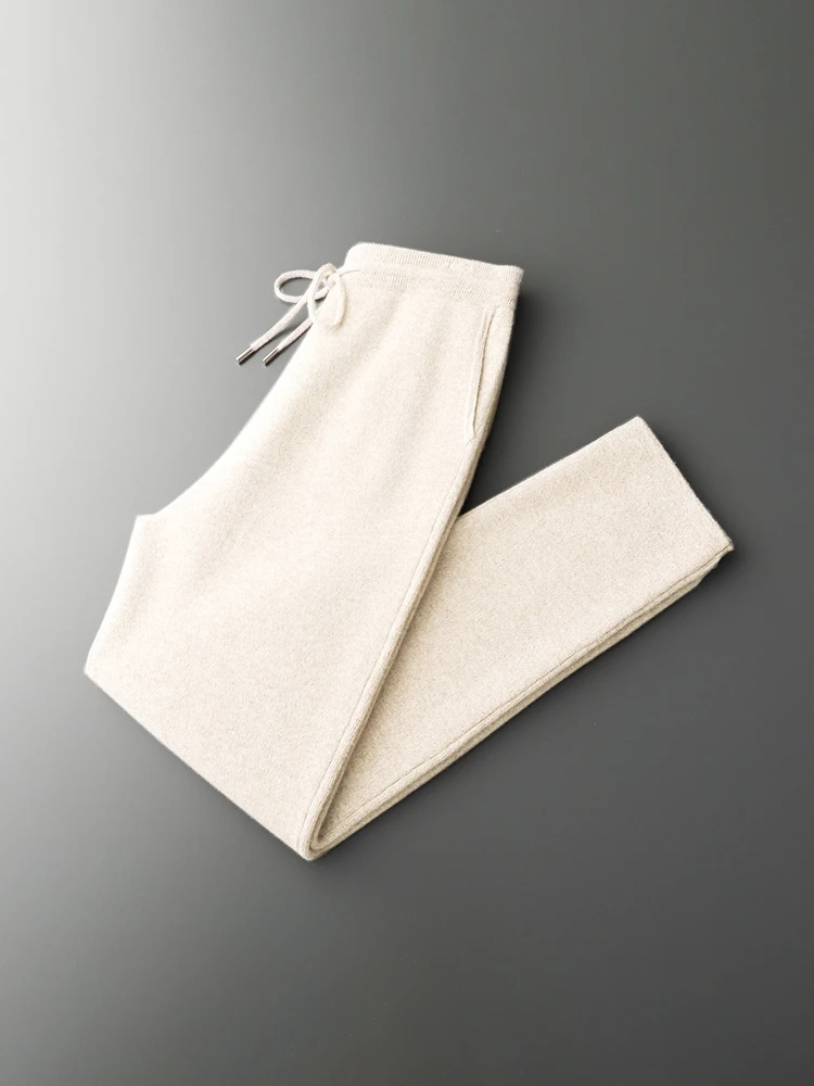 Classic Men's Straight Pants 100% Merino Wool Trousers Autumn Winter Pants Sweater Casual Lace-up Thicked Warm Basic Pencil Pant